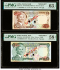 Jordan Central Bank of Jordan 1/2; 1 Dinar ND (1975-92) Pick 17s5; 18s4 Two Specimen PMG Choice Uncirculated 63 EPQ; Choice About Unc 58 EPQ. Red Spec...