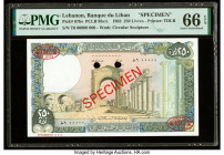 Lebanon Banque du Liban 250 Livres 1983 Pick 67bs Specimen PMG Gem Uncirculated 66 EPQ. Red Specimen & TDLR overprints and two POCs are present on thi...