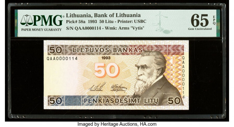 Low Serial Number 114 Lithuania Bank of Lithuania 50 Litu 1993 Pick 58a PMG Gem ...