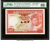 Mali Banque de la Republique du Mali 5000 Francs 22.9.1960 (ND 1967) Pick 10s Specimen PMG Gem Uncirculated 66 EPQ. Red Specimen overprints and three ...