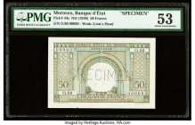 Morocco Banque d'Etat du Maroc 50 Francs ND (1949) Pick 44s Specimen PMG About Uncirculated 53. Minor ink and a roulette Specimen punch present.

HID0...
