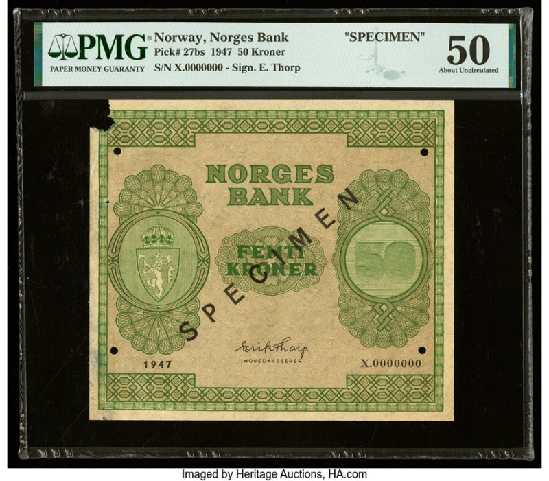 Norway Norges Bank 50 Kroner 1947 Pick 27bs Specimen PMG About Uncirculated 50. ...