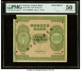 Norway Norges Bank 50 Kroner 1947 Pick 27bs Specimen PMG About Uncirculated 50. Black Specimen overprints, four POCs, previous mounting and corner mis...