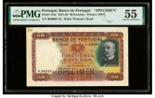 Portugal Banco de Portugal 50 Escudos 25.11.1941 Pick 154s Specimen PMG About Uncirculated 55. Previous mounting, red Sem Valor overprints and a roule...