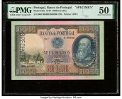 Portugal Banco de Portugal 1000 Escudos 29.9.1942 Pick 156s Specimen PMG About Uncirculated 50. Red Sem Valor overprints, a roulette Specimen punch an...