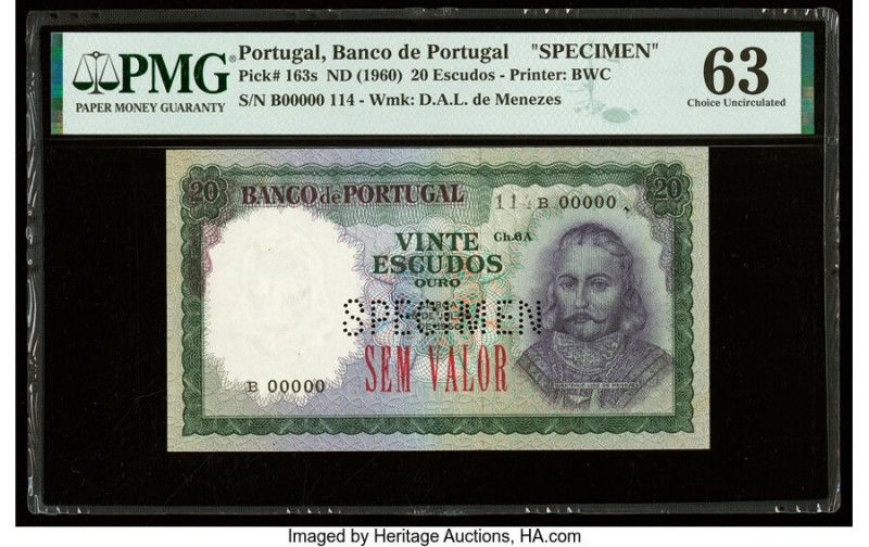 Portugal Banco de Portugal 20 Escudos ND (1960) Pick 163s Specimen PMG Choice Un...