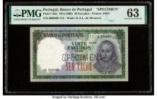 Portugal Banco de Portugal 20 Escudos ND (1960) Pick 163s Specimen PMG Choice Uncirculated 63. Previous mounting, Pinholes, red Sem Valor overprints a...
