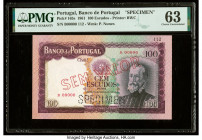 Portugal Banco de Portugal 100 Escudos 19.12.1961 Pick 165s Specimen PMG Choice Uncirculated 63. Previous mounting, red Sem Valor overprints and a rou...