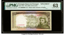 Portugal Banco de Portugal 20 Escudos 26.5.1964 Pick 167s Specimen PMG Choice Uncirculated 63. Previous mounting and a roulette Specimen punch is note...