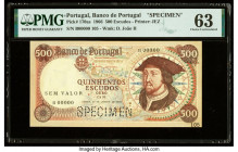 Portugal Banco de Portugal 500 Escudos 25.1.1966 Pick 170as Specimen PMG Choice Uncirculated 63. Pinholes and a roulette Specimen punch are noted on t...