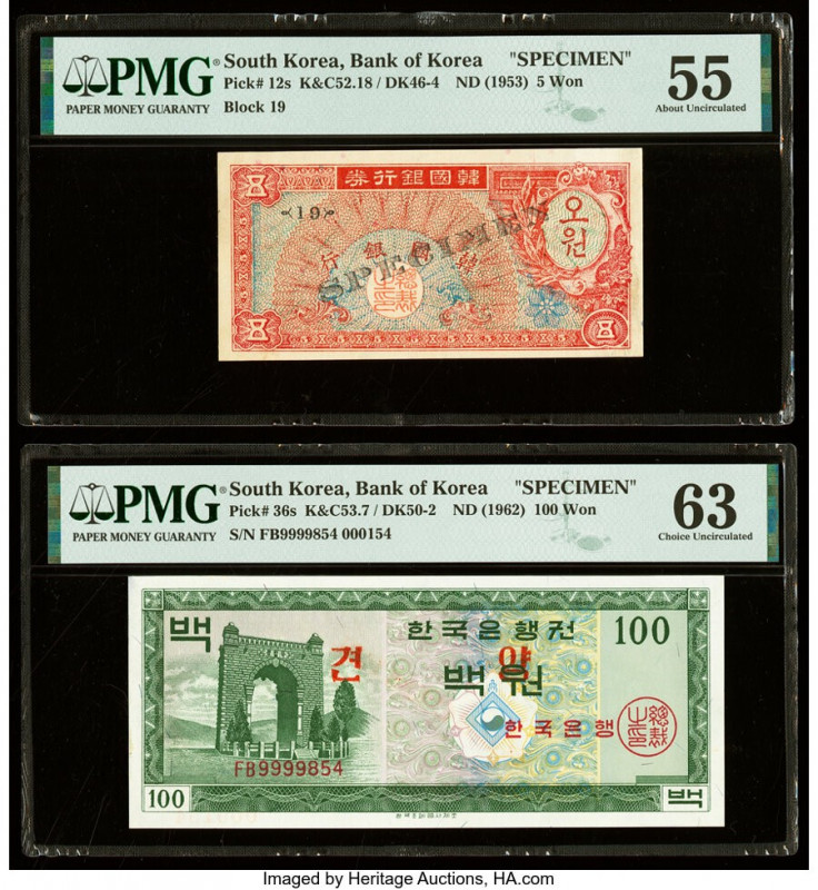 South Korea Bank of Korea 5; 100 Won ND (1953); (1962) Pick 12s; 36s Two Specime...