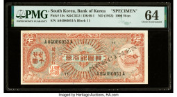 South Korea Bank of Korea 1000 Won ND (1953) Pick 15s Specimen PMG Choice Uncirculated 64. Previous mounting and black Specimen overprints are present...