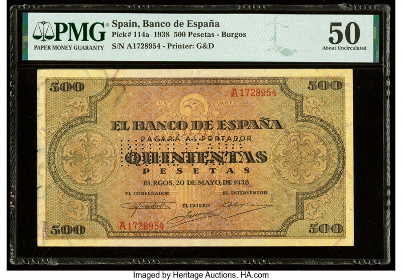 Spain Banco de Espana 500 Pesetas 20.5.1938 Pick 114a PMG About Uncirculated 50....