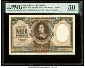 Spain Banco de Espana 1000 Pesetas 9.1.1940 (ND 1943) Pick 120a PMG About Uncirculated 50. Perforation cancelled, previously mounted and possibly an A...