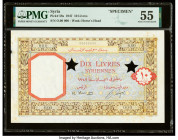 Syria Banque de Syrie et du Liban 10 Livres 1947 Pick 58s Specimen PMG About Uncirculated 55. Two star-shaped POCs and previous mounting noted on this...