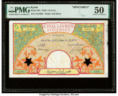 Syria Banque de Syrie et du Liban 5 Livres 1948 Pick 62s Specimen PMG About Uncirculated 50. Two star-shaped POCs and previous mounting are present on...