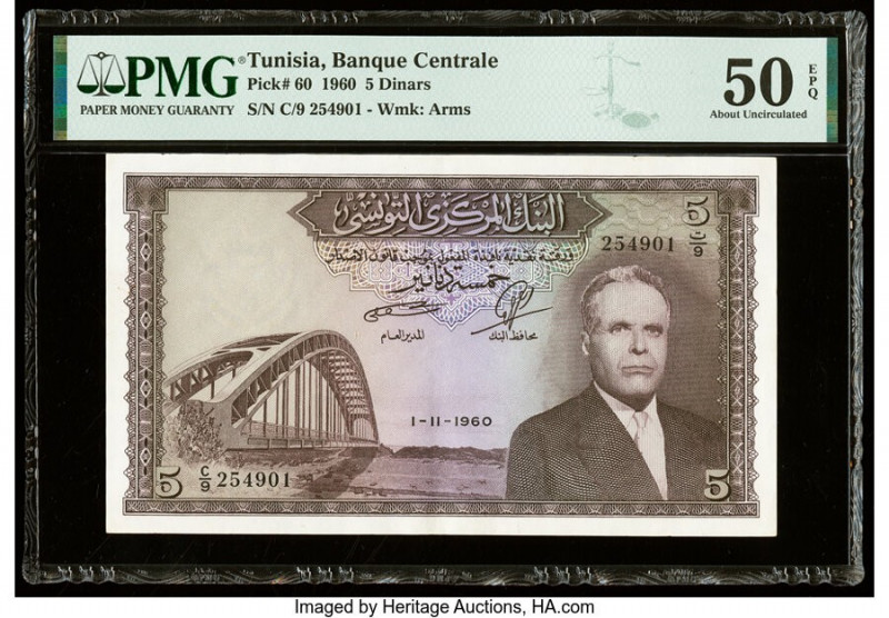 Tunisia Banque Centrale 5 Dinars 1.11.1960 Pick 60 PMG About Uncirculated 50 EPQ...