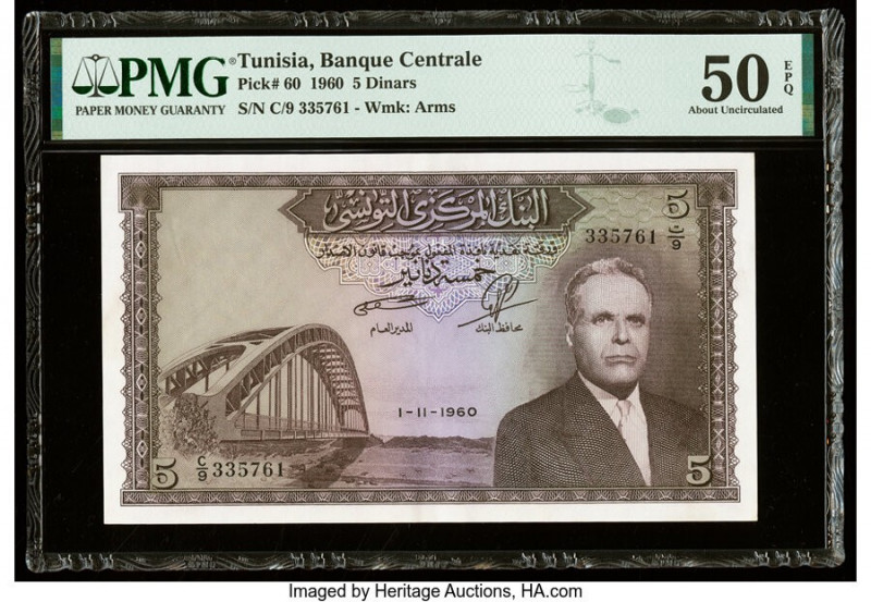Tunisia Banque Centrale 5 Dinars 1.11.1960 Pick 60 PMG About Uncirculated 50 EPQ...