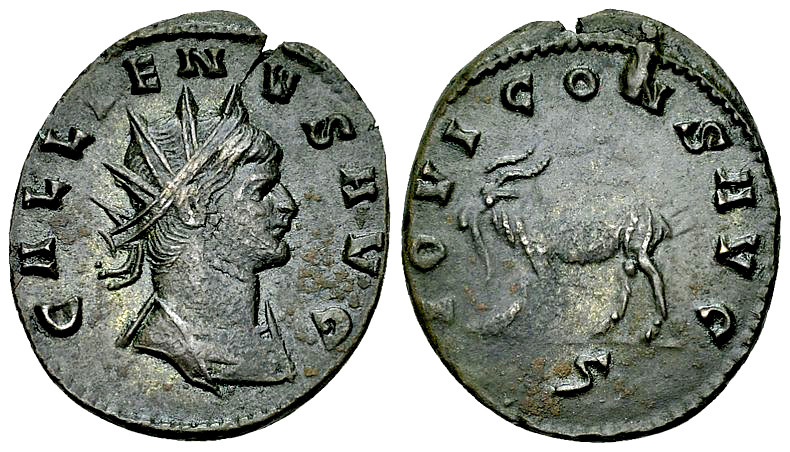 Gallienus AE Antoninianus, Goat reverse 

Gallienus (253-268 AD). AE Antoninia...
