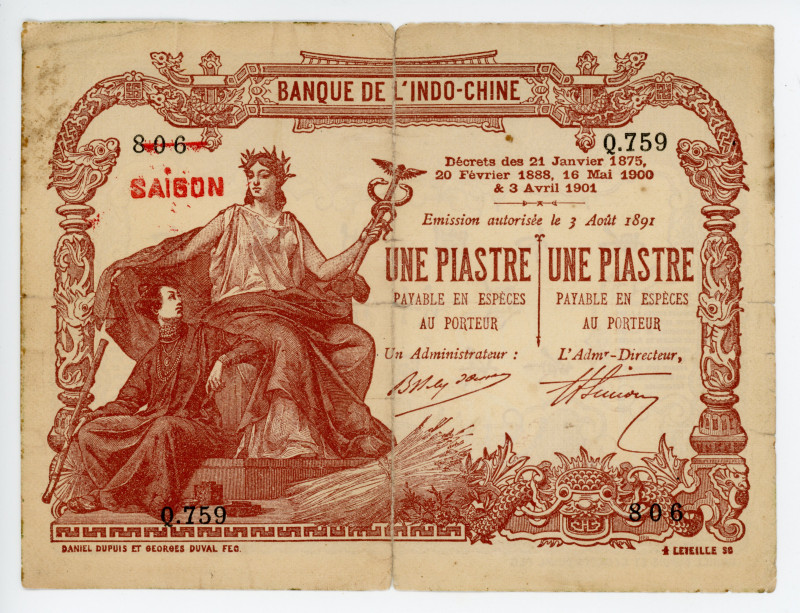 French Indochina 1 Piastre 1909-1921 (ND)
P# 34b; # Q.759 806; SAIGON; VG
