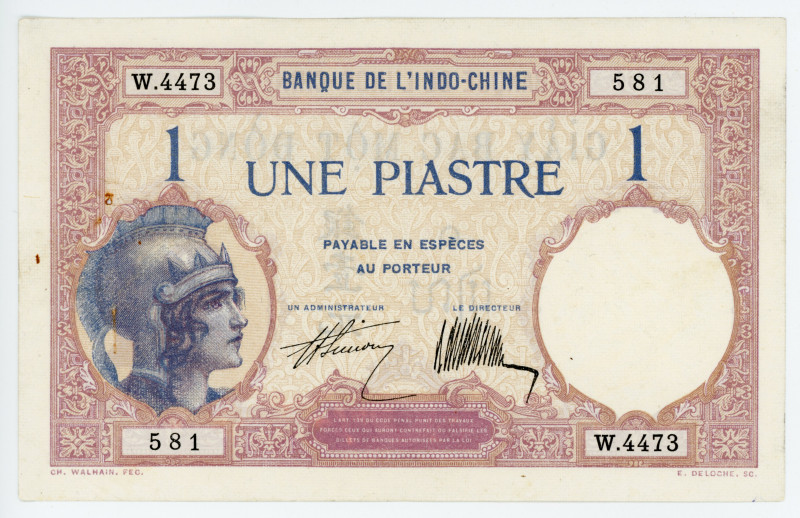 French Indochina 1 Piastre 1927 - 1931 (ND)
P# 48b; # W.4473 581; aUNC; Pinhole...