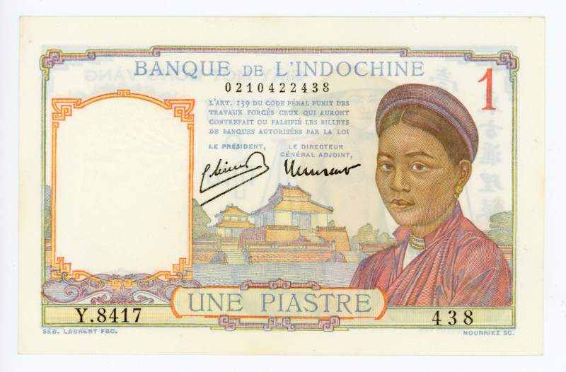 French Indochina 1 Piastre 1946 (ND)
P# 54c; # 0210422438; AUNC