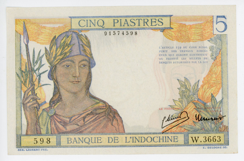 French Indochina 5 Piastres 1946
P# 55c; #598 W.3663; Lao text Type I; Signatur...