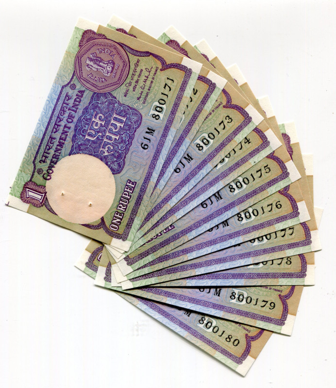 India 10 x 1 Rupee 1992
P# 78Ah; UNC with Pin Holes