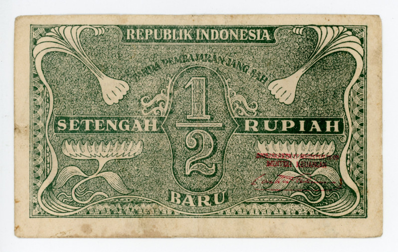Indonesia 1/2 New Rupiah 1949
P# 35Ca; Tanda Pembajaran Jang Sah; Red signature...