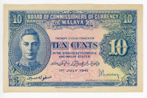 Malaya 10 Cents 1941
P# 8; George VI; XF-AUNC