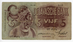 Netherlands East Indies 5 Gulden 1935
P# 78a; N# 205403; Wilhelmina; VF