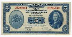 Netherlands East Indies 5 Gulden 1943
P# 113a; N# 233914; # CH295043; Wilhelmina; VF-XF