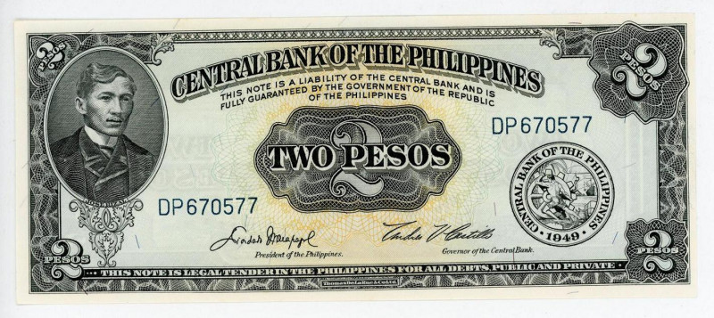 Philippines 2 Pesos 1949
P# 134d; # DP 670577; Sign. 5; "Landing of Magellan"; ...