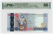 Armenia 100000 Dram 2009 PMG 66 EPQ
P# 54a; #JA00234887; Wmk: King Abgar V & 100000; UNC