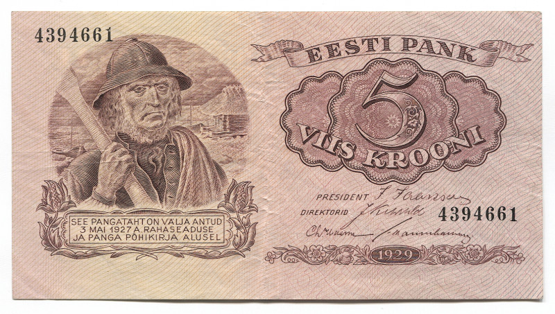 Estonia 5 Krooni 1929 
P# 62a; # 4394661; XF- Rare