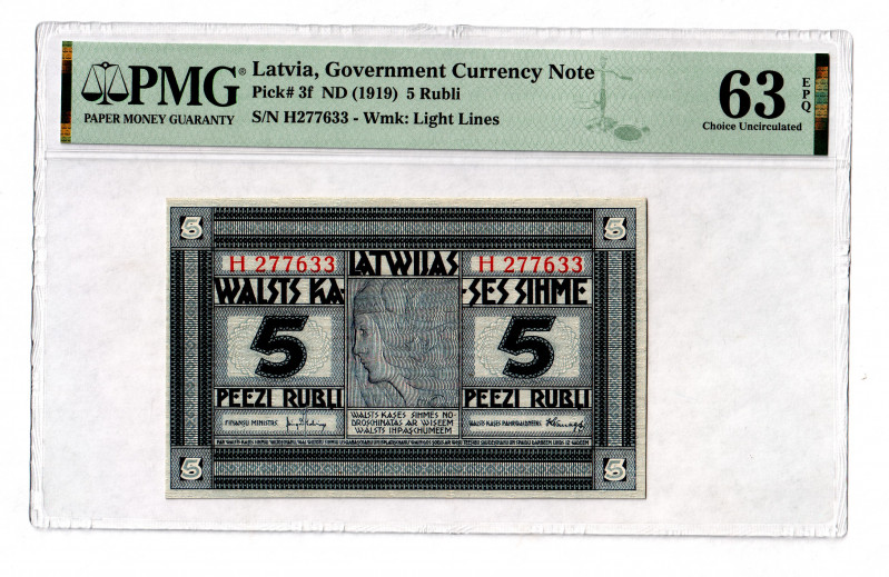 Latvia 5 Roubles 1919 (ND) PMG 63 EPQ
P# 3f; UNC