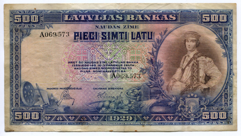 Latvia 500 Latu 1929 
P# 19a; F-VF