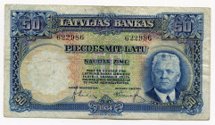Latvia 50 Latu 1934 
P# 20a; # 622986; VF-XF