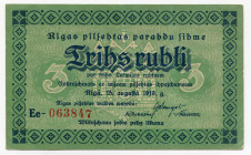 Latvia Riga 3 Roubles 1919 
Ryab. 22078; City Government; XF