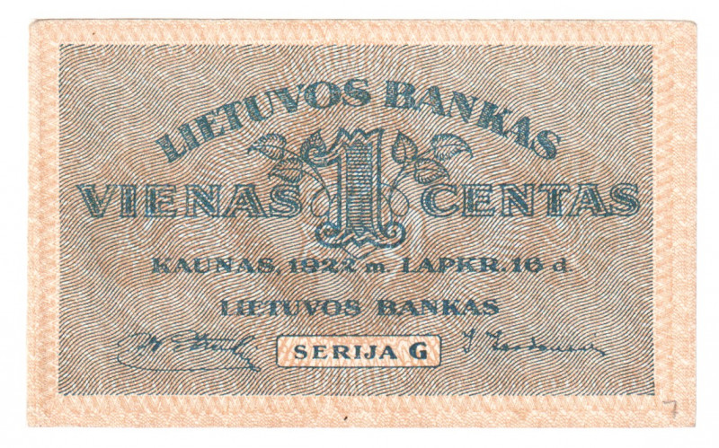 Lithuania 1 Centas 1922 
P# 7; XF