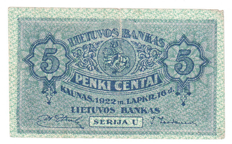 Lithuania 5 Centai 1922 
P# 9; VF-XF