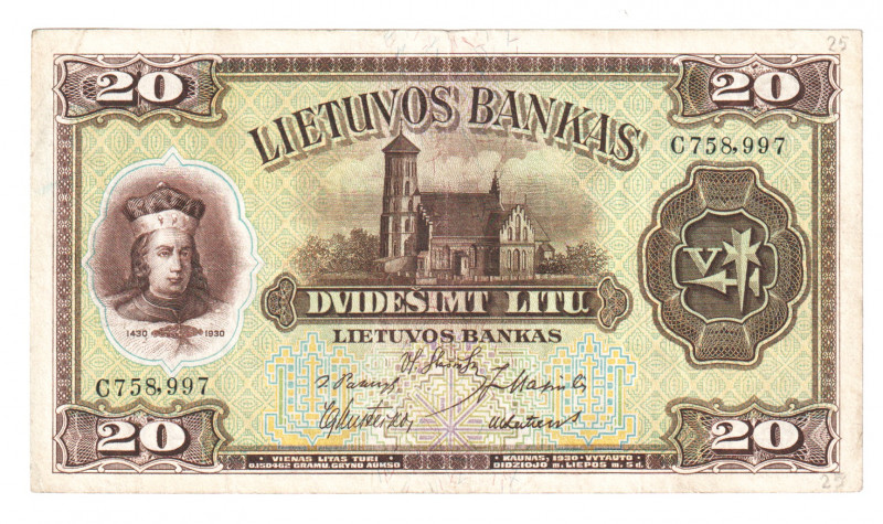 Lithuania 20 Litu 1930 
P# 27; VF+
