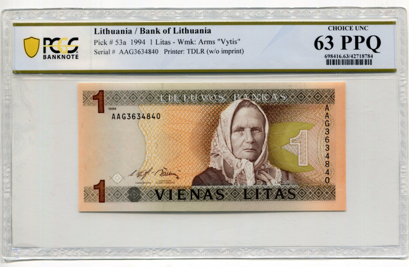 Lithuania 1 Litas 1994 PCGS 63
P# 53a