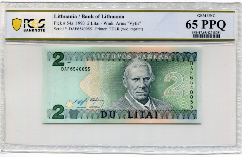 Lithuania 2 Litai 1993 PCGS 65
P# 54a