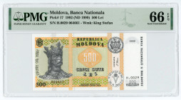 Moldova 500 Lei 1992 (1999) (ND) PMG 66 EPQ
P# 17; #H.0029 064661; Wmk: King Stefan; UNC