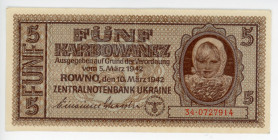 Ukraine 5 Karbowanez 1942 German Occupation - WW II
P# 51; N# 207672; # 34-0727914; AUNC