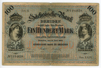 Germany - Empire Saxony-Albertine 100 Mark 1890
P# S952a; # 1194638; Sächsische Bank, Dresden; F-VF