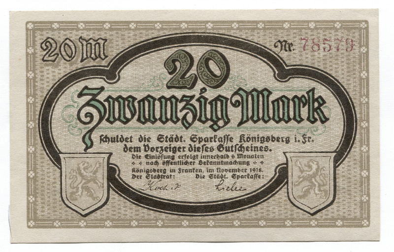 Germany - Empire East Prussia Königsberg 20 Mark 1918 Notgeld
Geiger 285.02.b-d...