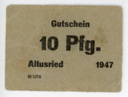 Germany - FRG Bavaria Altusried 10 Pfennig 1947 Notgeld
# 1074; E. Brauchler (Schuhmachermeister); XF