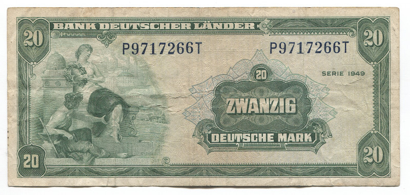 Germany - FRG 20 Mark 1949
P# 17a; # P9717266T; Allied Occupation - Post WW II;...